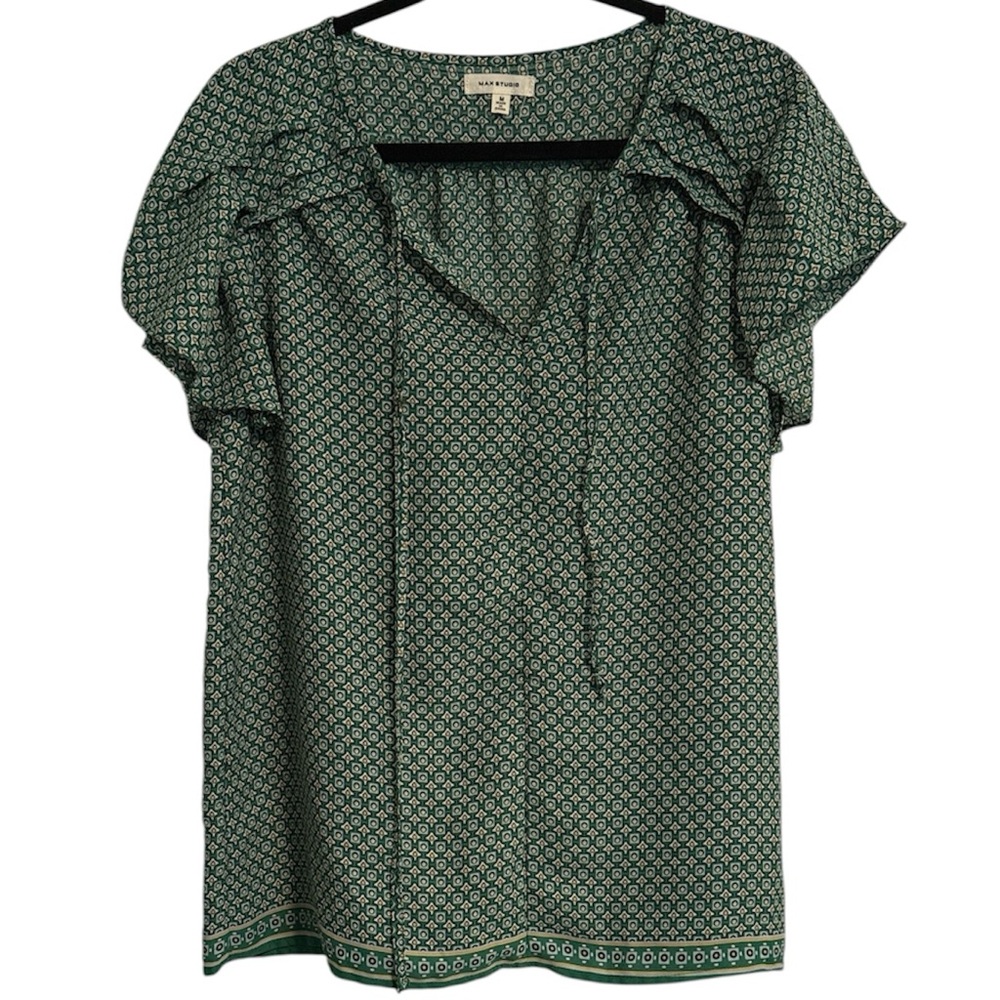 ☀️ Max Studio Green Patterned Ruffle Detail Blouse